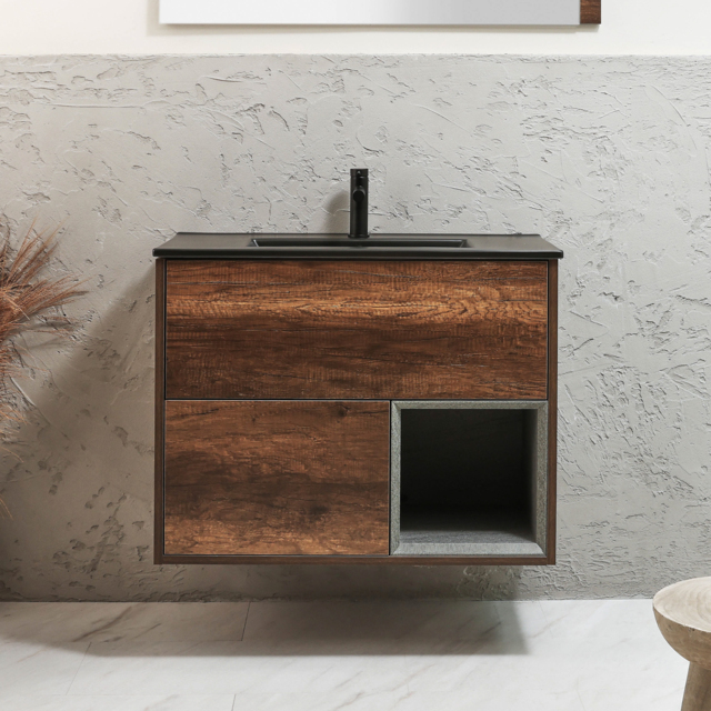 Milano Bexley - 812mm Wall Hung Dark Oak Open Shelf Vanity Unit with Graphite Basin