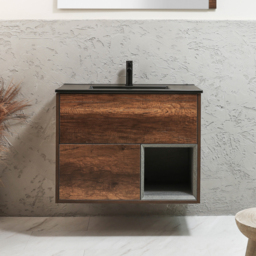 Milano Bexley - 812mm Wall Hung Dark Oak Open Shelf Vanity Unit with Graphite Basin