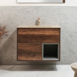 800mm Dark Oak Wall Hung Vanity Unit with Sand Basin - With LED - Milano Bexley - thumbnail 1