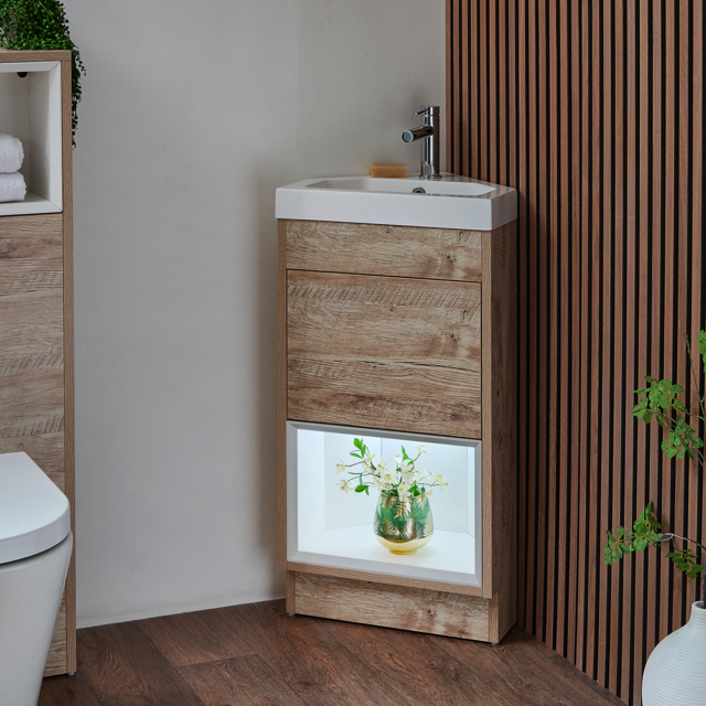 Milano Bexley - Light Oak 450mm Modern Open Shelf Cloakroom Corner Vanity Unit with Basin and LED Light