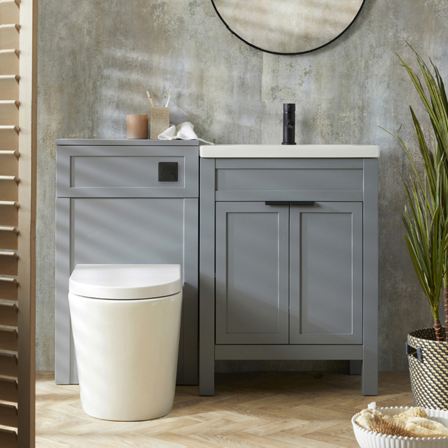 Milano Aston - Light Grey 600mm Traditional Vanity Unit with Basin and Modern Finger Pull Black Handles and WC Unit with Rivington Back to Wall Toilet
