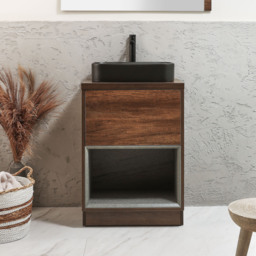 Milano Bexley - 600mm Dark Oak Open Shelf Vanity Unit with Rectangular Graphite Countertop Basin and LED Light