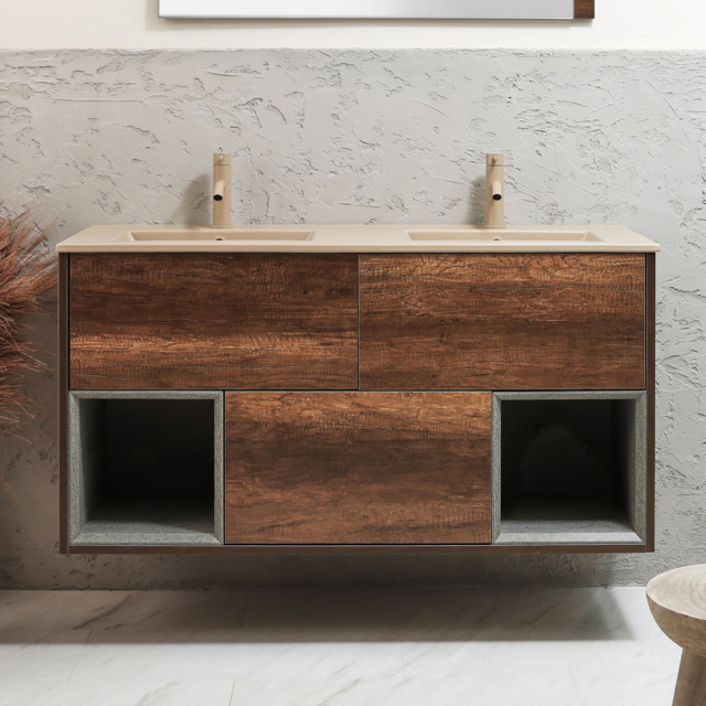 Milano Bexley - 1212mm Wall Hung Dark Oak Open Shelf Vanity Unit with Sand Double Basin and LED Light