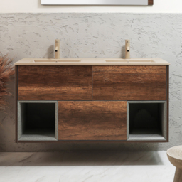 Milano Bexley - 1212mm Wall Hung Dark Oak Open Shelf Vanity Unit with Sand Double Basin and LED Light