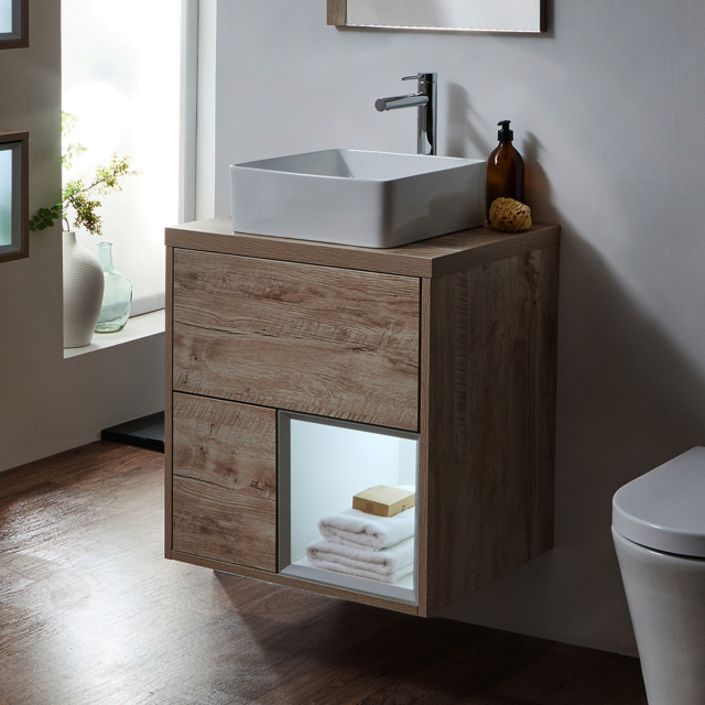 600mm Modern Open Vanity Unit with Counter Top Basin – Light Oak – With LED