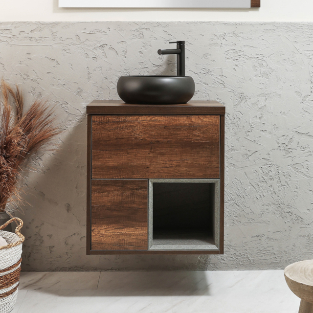 Milano Bexley - 600mm Wall Hung Dark Oak Open Shelf Vanity Unit with Round Graphite Countertop Basin