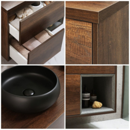 600mm Dark Oak Wall Hung Vanity Unit with Round Graphite Countertop Basin - Milano Bexley - thumbnail 4