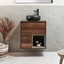 600mm Dark Oak Wall Hung Vanity Unit with Round Graphite Countertop Basin - Milano Bexley - thumbnail 2