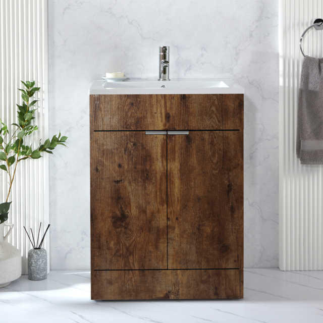 Milano Lurus - Dark Oak 610mm Modern Vanity Unit with Basin and Chrome Finger Pull Handles