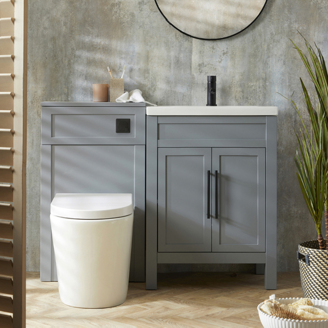 Milano Aston - Light Grey 600mm Traditional Vanity Unit with Basin and Modern T-Bar Black Handles and WC Unit with Rivington Back to Wall Toilet
