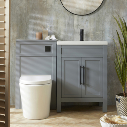 Milano Aston - Light Grey 600mm Traditional Vanity Unit with Basin and Modern T-Bar Black Handles and WC Unit with Rivington Back to Wall Toilet