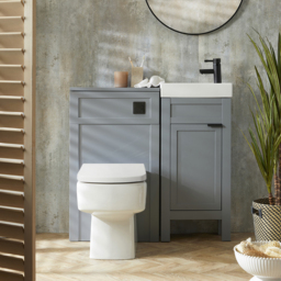 Milano Aston - Light Grey 400mm Traditional Vanity Unit with Basin, and Modern Finger Pull Black Handle and WC Unit with Elswick Back to Wall Toilet