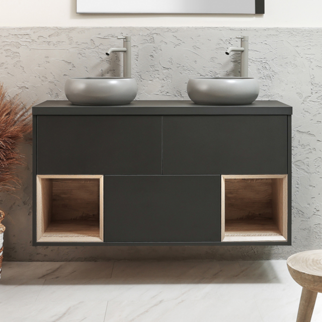 Milano Bexley - 1200mm Wall Hung Black Grey Open Shelf Vanity Unit with Round Pebble Countertop Basins