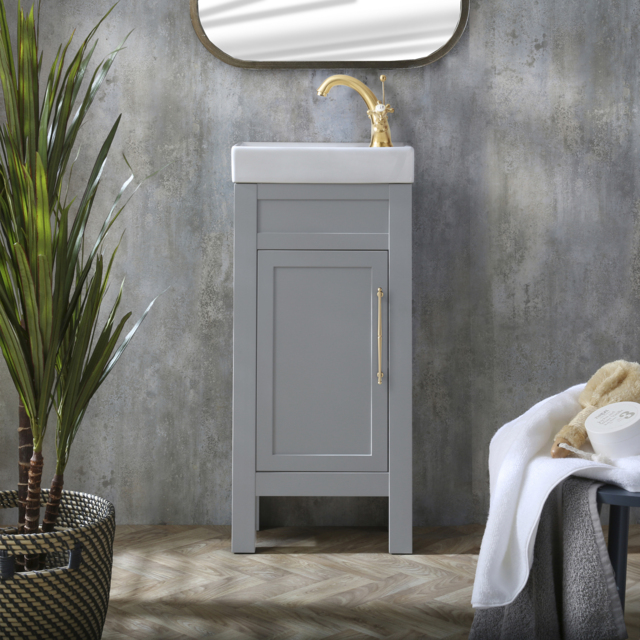 Milano Aston - Light Grey 400mm Traditional Cloakroom Vanity Unit with Basin and Brushed Brass Classic T-Bar Handle