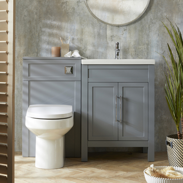 Milano Aston - Light Grey 600mm Traditional Vanity Unit with Basin and Modern T-Bar Chrome Handles and WC Unit with Ballam Back to Wall Toilet