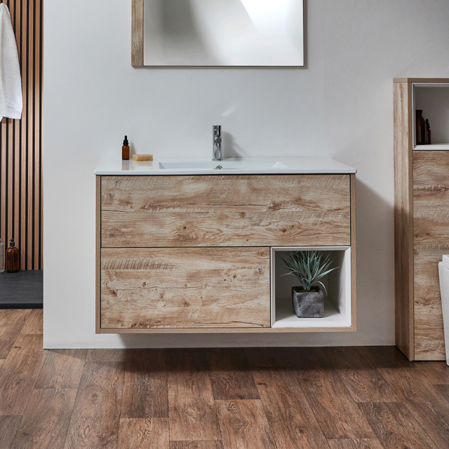 Milano Bexley - Light Oak 1010mm Wall Hung Open Shelf Vanity Unit with Basin