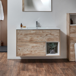 Milano Bexley - Light Oak 1010mm Wall Hung Open Shelf Vanity Unit with Basin