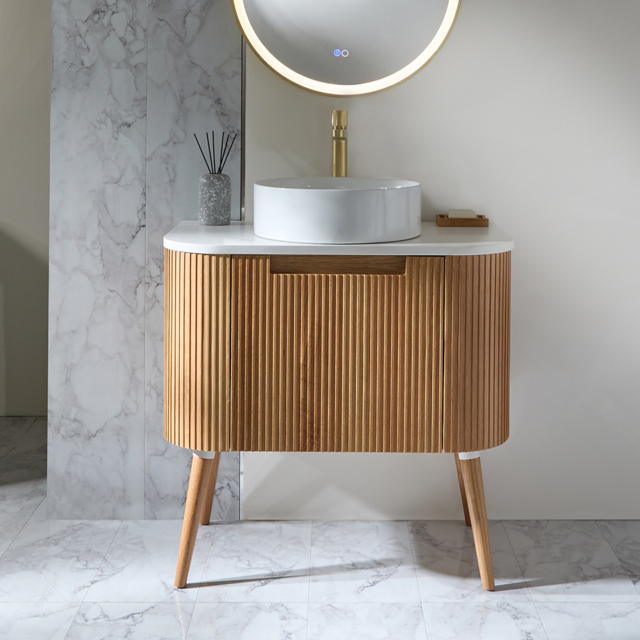 Luxury Fluted Floor Standing Curved Oak Vanity Unit & Round Basin 800mm - image 1