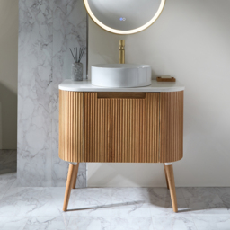Luxury Fluted Floor Standing Curved Oak Vanity Unit & Round Basin 800mm - thumbnail 1