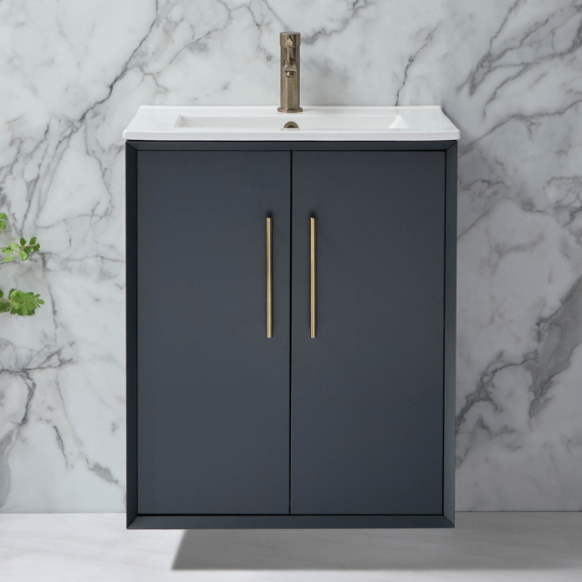 Milano Edge - Anthracite 610mm Wall Hung Modern Vanity Unit with Basin and Aged Gold T-Bar Handles