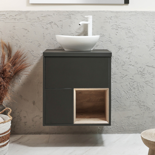 Milano Bexley - 600mm Wall Hung Black Grey Open Shelf Vanity Unit with Oval Chalk Countertop Basin