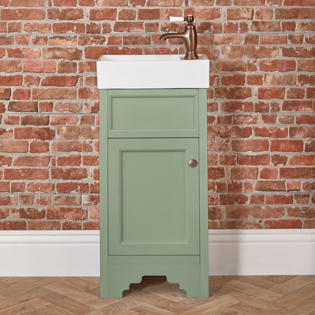Milano Thornton - Pastel Green 400mm Traditional Cloakroom Vanity Unit with Basin and Classic Round Aged Bronze Handle