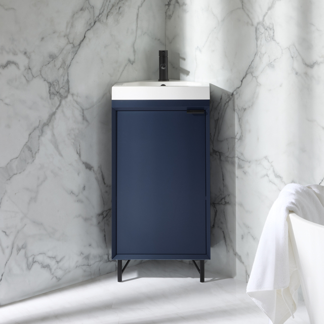 Milano Edge - Navy Blue 450mm Modern Cloakroom Corner Vanity Unit with Basin and Black Finger Pull Handle