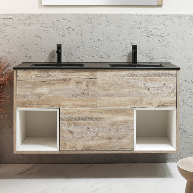 Milano Bexley - 1212mm Wall Hung Light Oak Open Shelf Vanity Unit with Graphite Double Basin