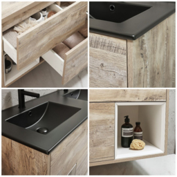 1200mm Light Oak Wall Hung Vanity Unit with Graphite Double Basin - No LED - Milano Bexley - thumbnail 6