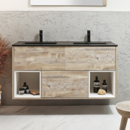 1200mm Light Oak Wall Hung Vanity Unit with Graphite Double Basin - No LED - Milano Bexley - thumbnail 2