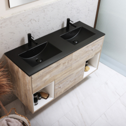1200mm Light Oak Wall Hung Vanity Unit with Graphite Double Basin - No LED - Milano Bexley - thumbnail 3