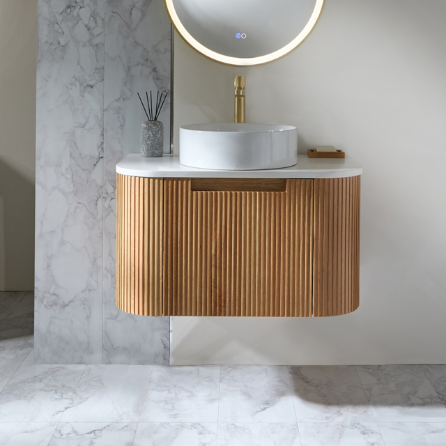 Milano Chalton - Oak 800mm Curved Wall Hung Fluted Vanity Unit with Round Countertop Basin