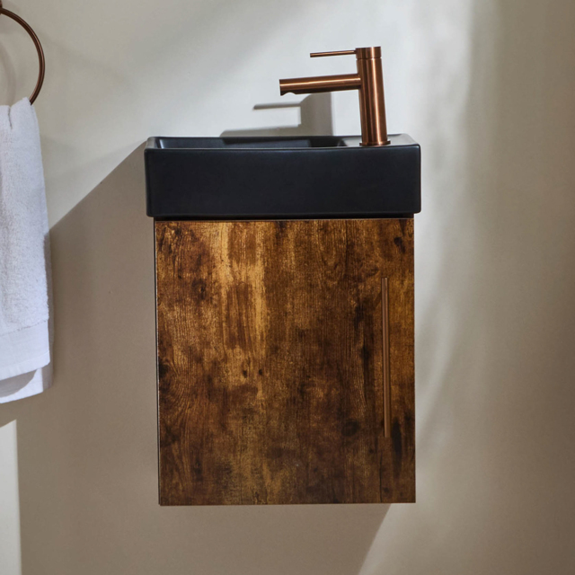 Milano Lurus - Dark Oak 400mm Wall Hung Modern Cloakroom Vanity Unit with Black Basin and Brushed Copper T-Bar Handle