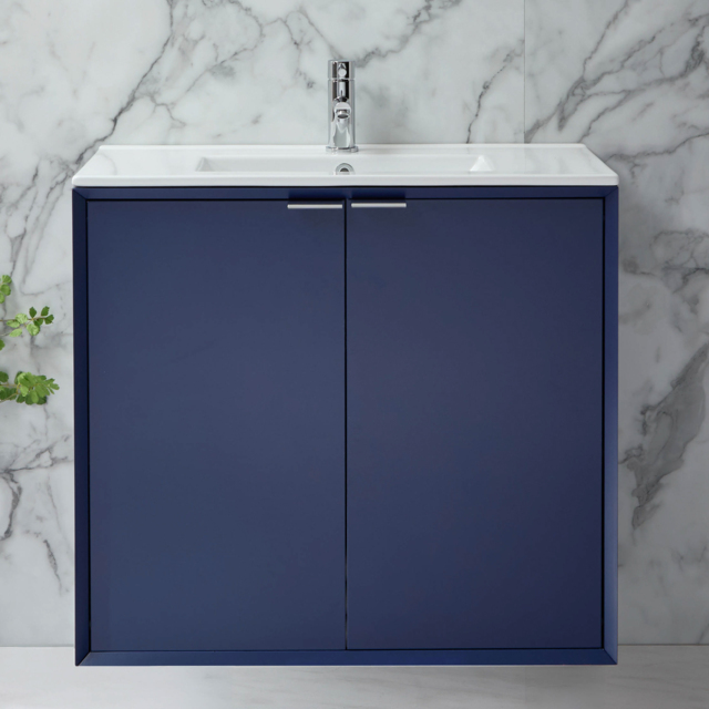 Milano Edge - Navy Blue 810mm Wall Hung Modern Vanity Unit with Basin and Chrome Finger Pull Handles