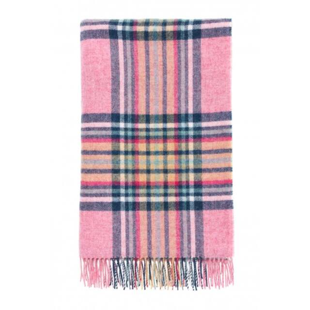 Bronte By Moon St Ives Check Pure New Wool Throw - Pink