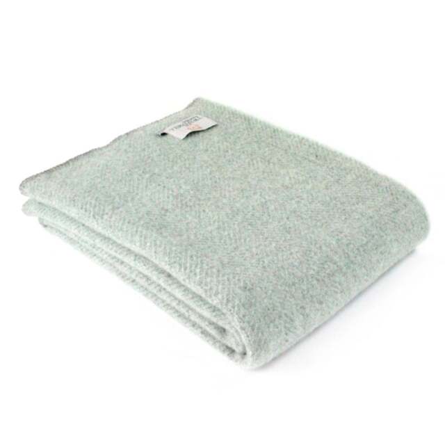 Tweedmill Textiles Pure New Wool Beehive Throw - Laurel Green/Silver - Silver Grey Blanket Stitch Ends
