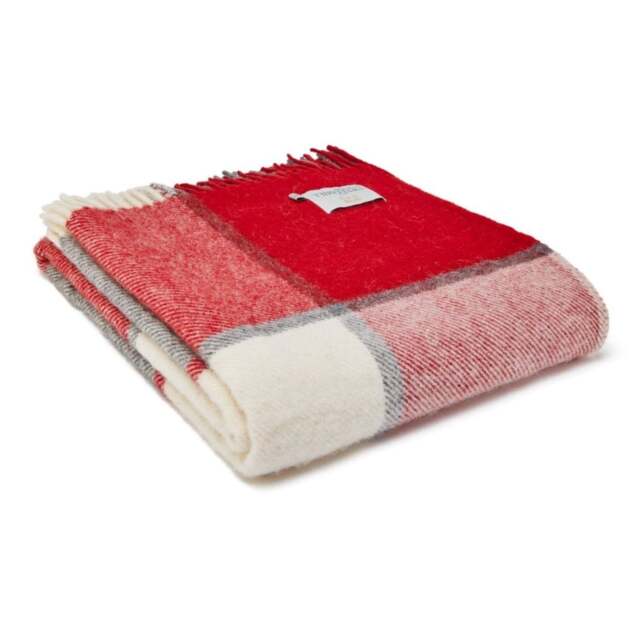 Tweedmill Textiles Pure New Wool Block Check Throw - Red & Cream - image 1