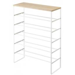 Yamazaki 6-Tiered Tower Shoe Rack with Wooden Top Board - White
