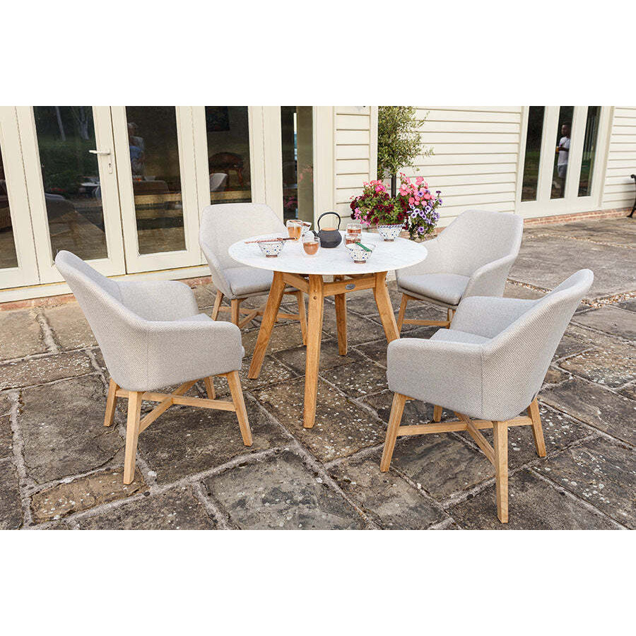100cm Henley Porcelain Marble & Teak Round Garden Dining Table with 4 Richmond Dining Armchairs - Bridgman - image 1
