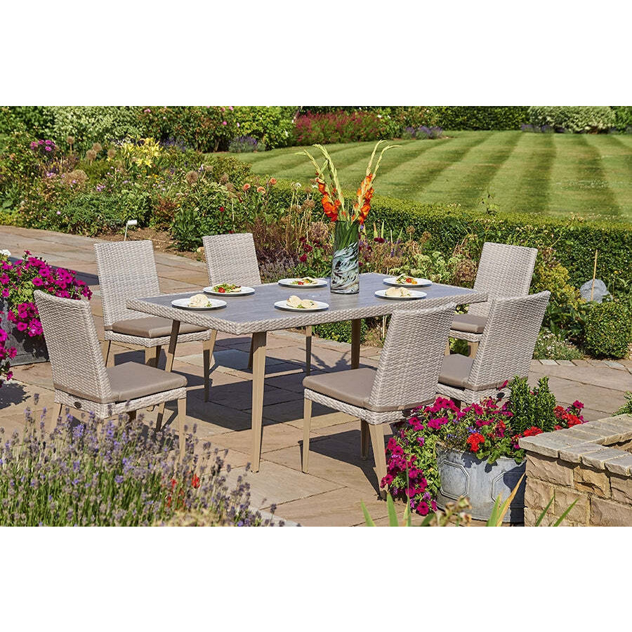 Rectangular Rattan Garden Dining Table (180cm) with 6 Dining Chairs in Stone - Hampstead - Bridgman - image 1