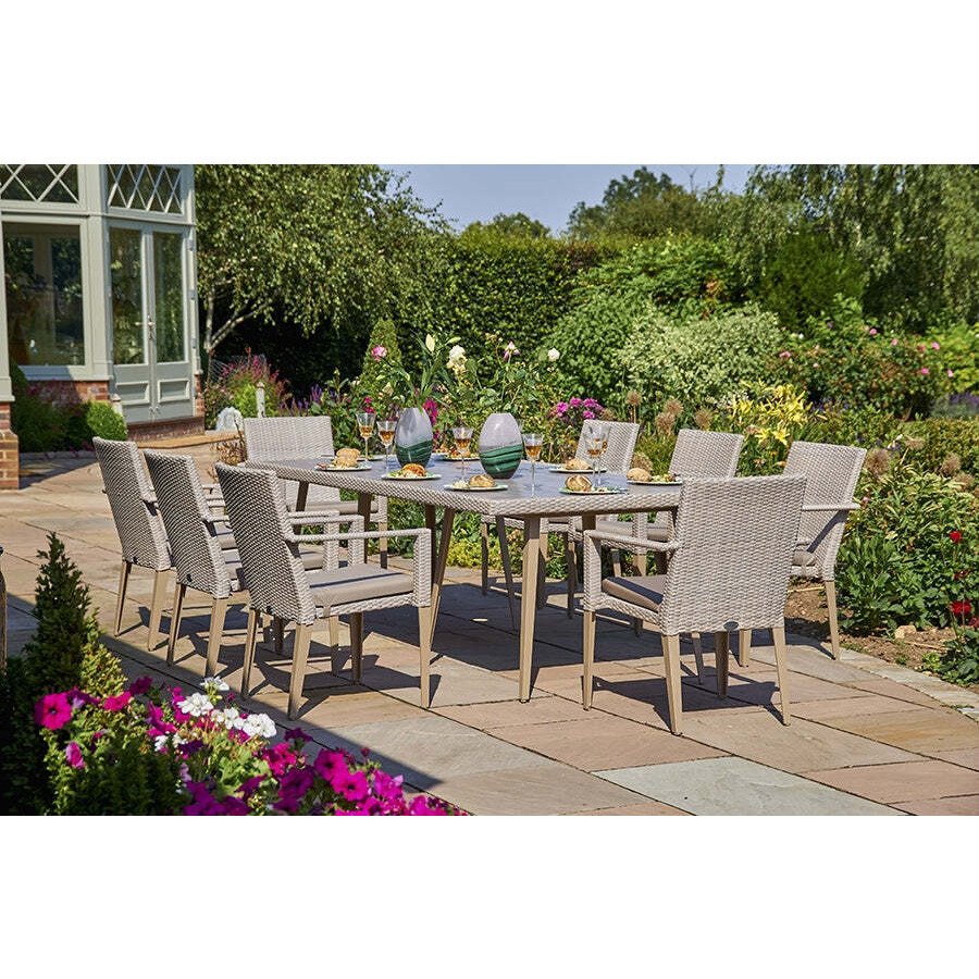 Rectangular Rattan Garden Dining Table (240cm) with 8 Stacking Armchairs in Stone - Hampstead - Bridgman - image 1