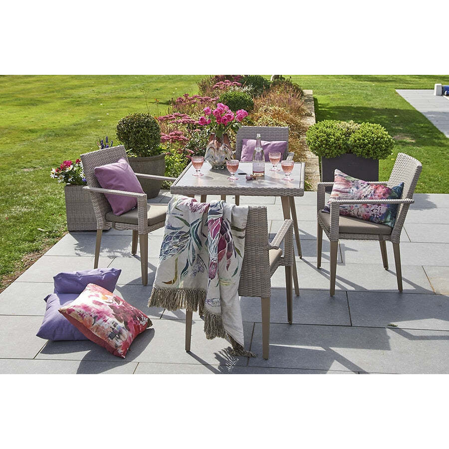 Square Rattan Garden Dining Table (90cm) with 4 Stacking Armchairs in Stone - Hampstead - Bridgman - image 1