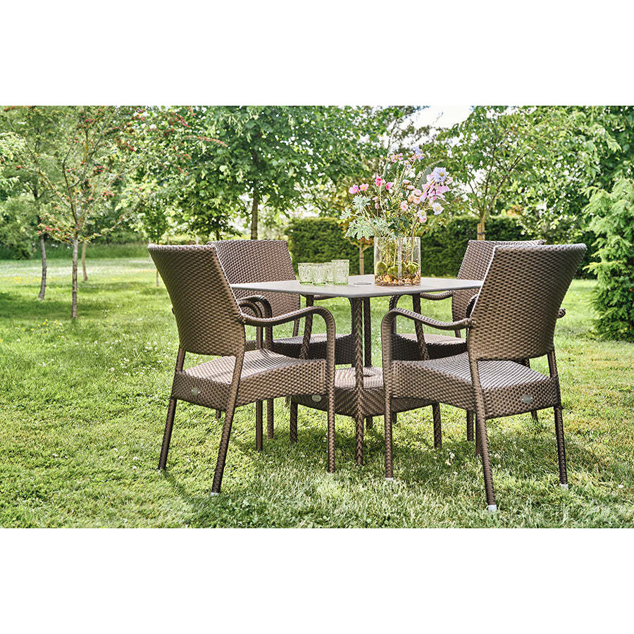 Square Rattan Garden Dining Table (90cm) & 4 Stacking Armchairs in Bronze - Windsor - Bridgman - image 1