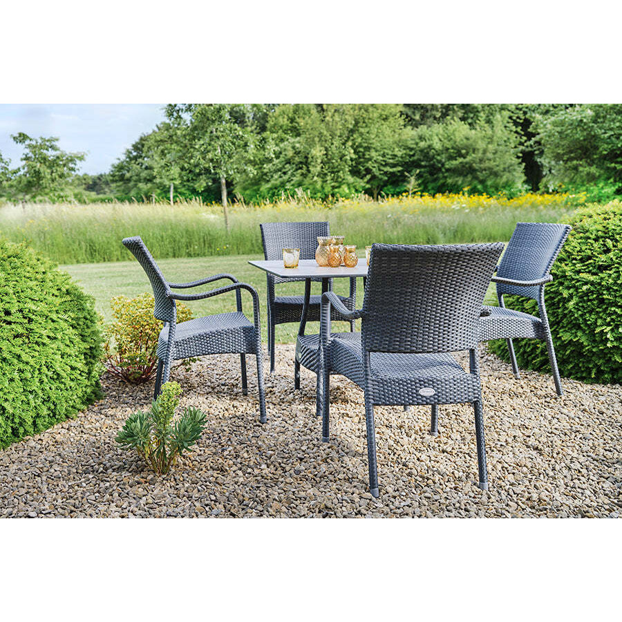 Square Rattan Garden Dining Table (90cm) & 4 Stacking Armchairs in Bronze - Grey - Bridgman - image 1