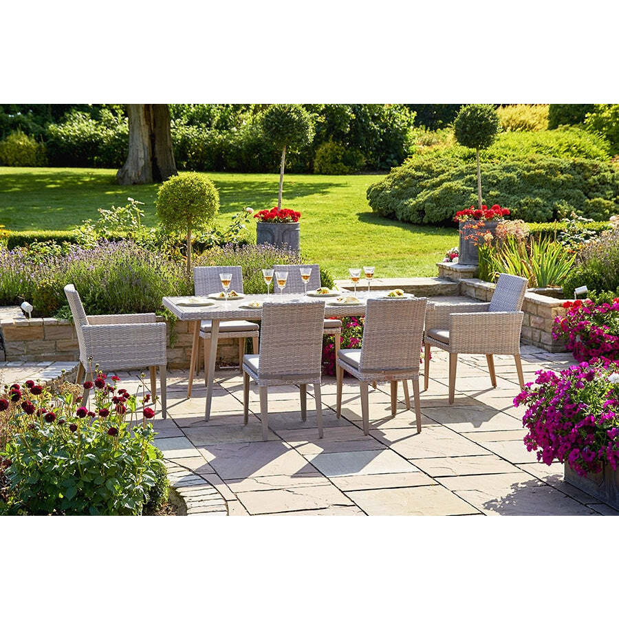 Rectangular Rattan Garden Dining Table (180cm) with 2 Dining Armchairs & 4 Dining Chairs in Stone - Hampstead - Bridgman - image 1