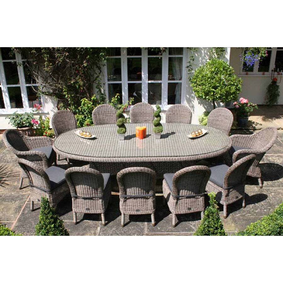 Oval Rattan Garden Dining Table (270cm) with 2 Dining Armchairs & 10 Dining Chairs - Kensington - Bridgman - image 1