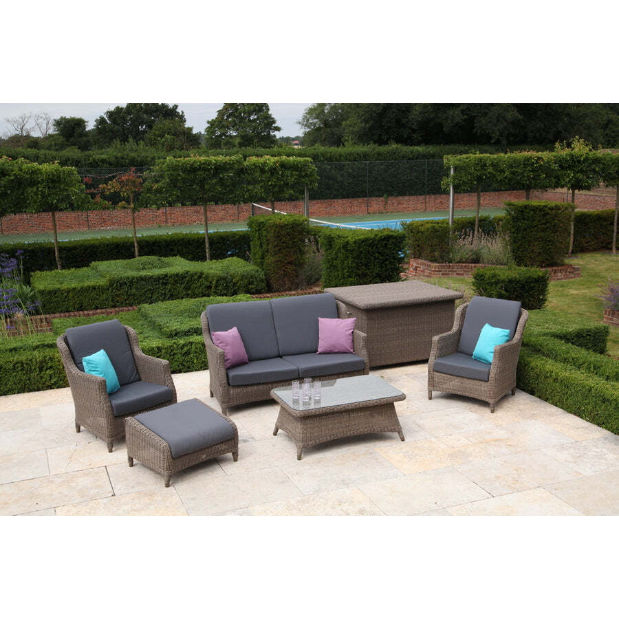 Kensington High Back Garden Sofa with 2 Lounge Armchairs, Footstool & Rectangular Coffee Table - Bridgman - image 1