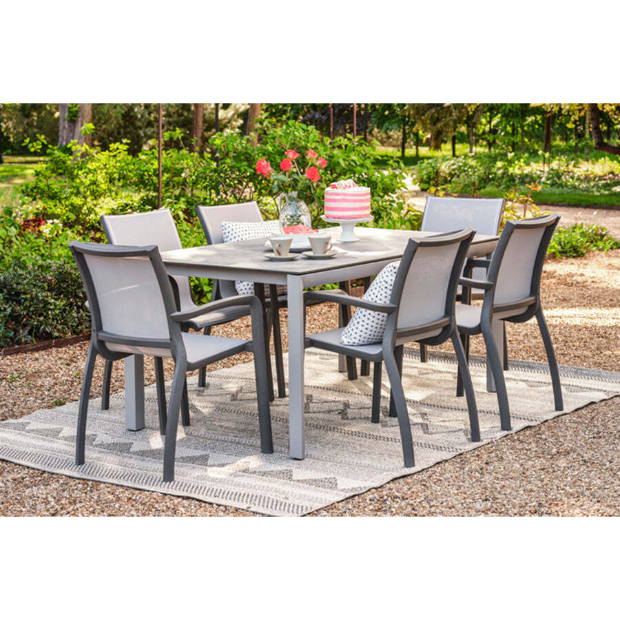 160cm Paris Volcano/Grey Rectangular Dining Table with 6 Volcano/Grey Stacking Armchairs - image 1