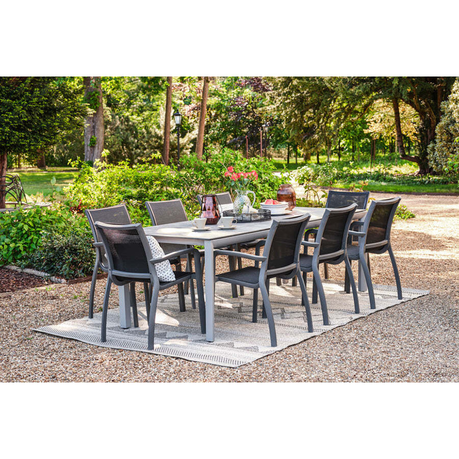 220cm Paris Volcano/Grey Rectangular Dining Table with 8 Volcano/Black Stacking Armchairs - image 1