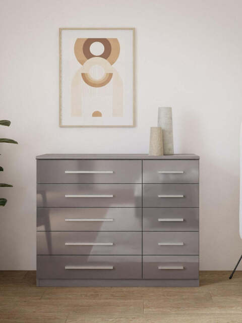 "Prague Gloss 5 + 5 Wide Chest of Drawers Grey Gloss Elegant and Spacious Bedroom "